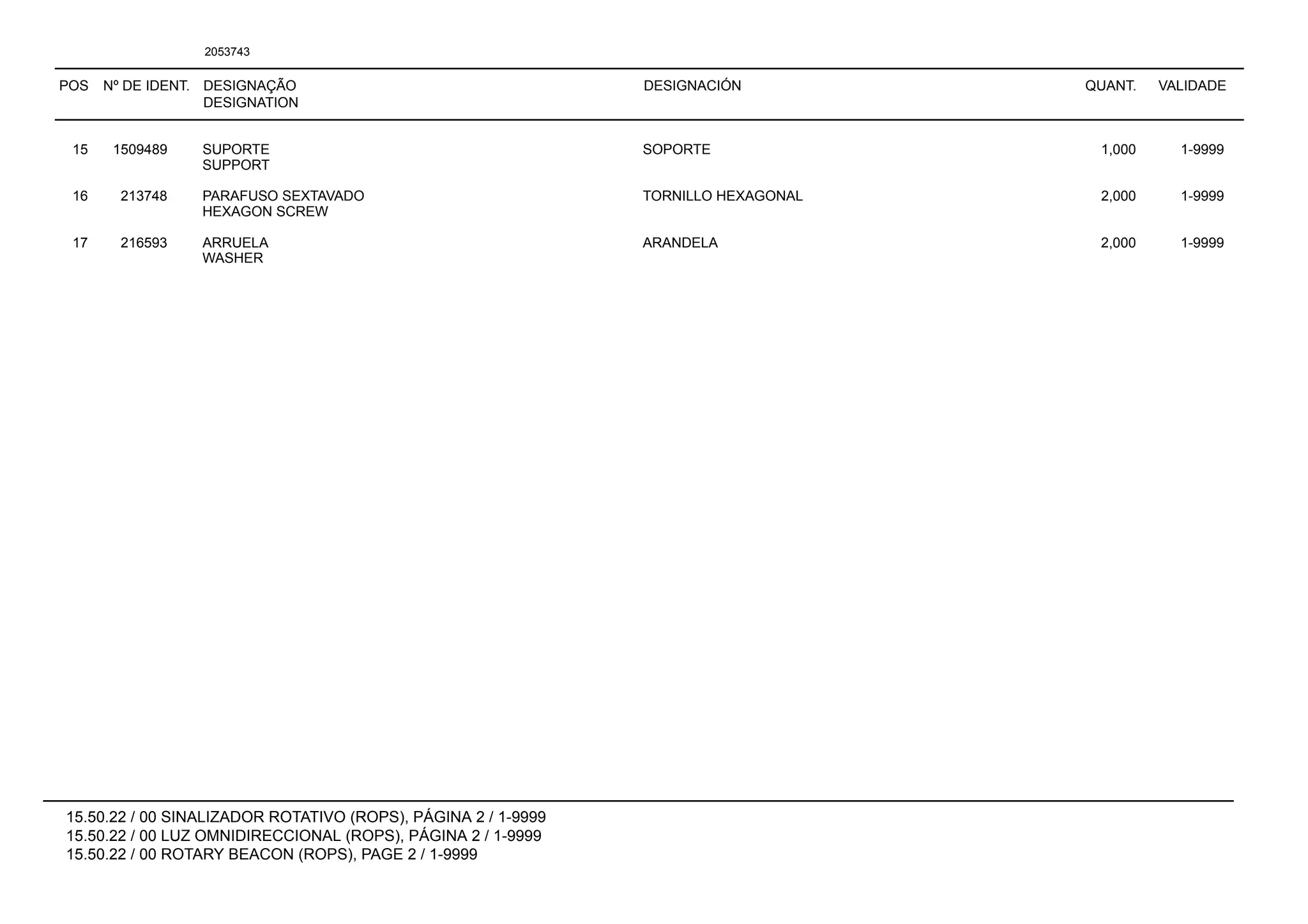 POS Nº DE IDENT. DESIGNAÇÃO
DESIGNATION
DESIGNACIÓN QUANT. VALIDADE
15.50.22 / 00 SINALIZADOR ROTATIVO (ROPS), PÁGINA 2 / 1-9999
15.50.22 / 00 LUZ OMNIDIRECCIONAL (ROPS), PÁGINA 2 / 1-9999
15.50.22 / 00 ROTARY BEACON (ROPS), PAGE 2 / 1-9999
2053743
15 1509489 SUPORTE SOPORTE 1,000 1-9999
SUPPORT
16 213748 PARAFUSO SEXTAVADO TORNILLO HEXAGONAL 2,000 1-9999
HEXAGON SCREW
17 216593 ARRUELA ARANDELA 2,000 1-9999
WASHER
 