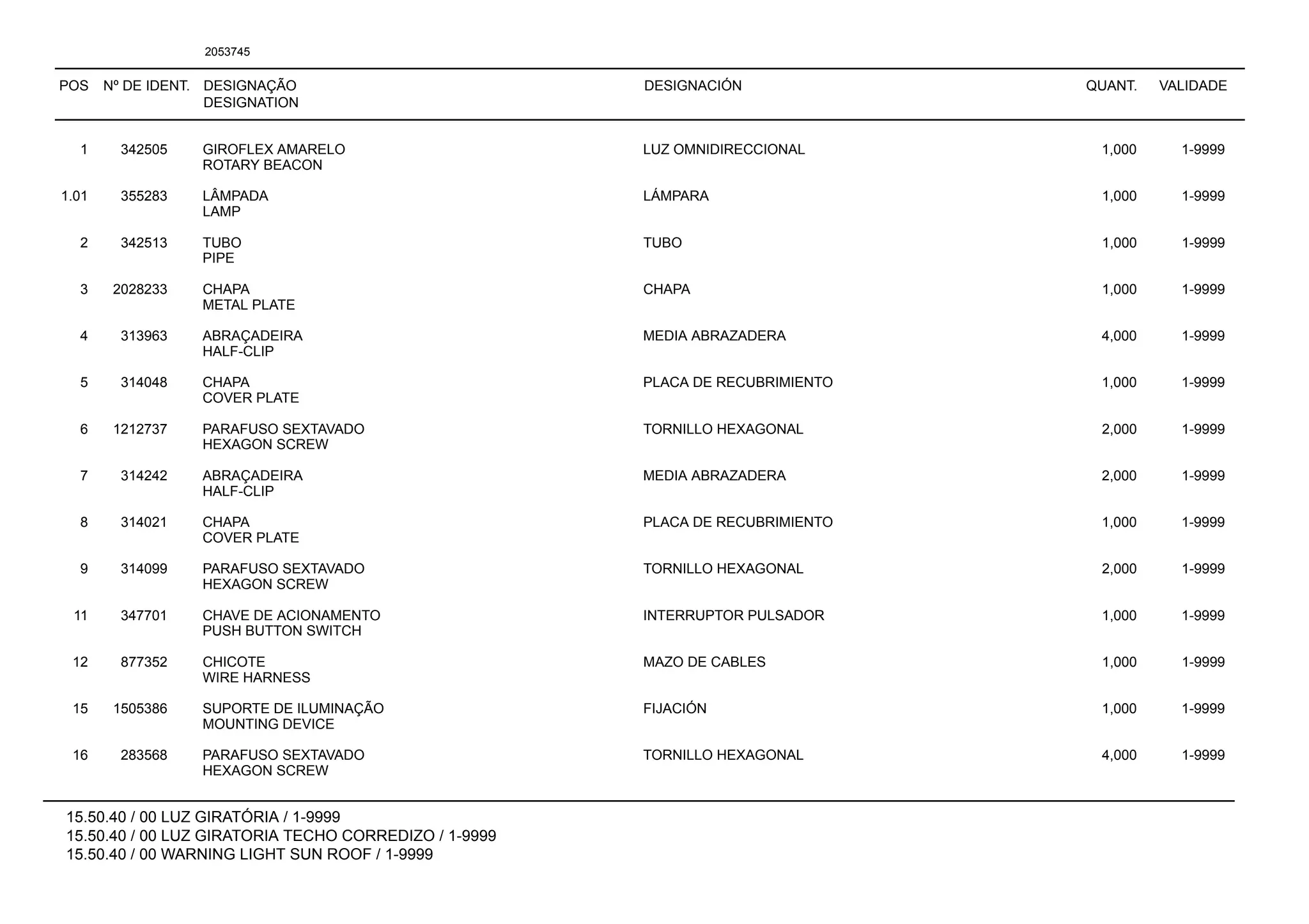POS Nº DE IDENT. DESIGNAÇÃO
DESIGNATION
DESIGNACIÓN QUANT. VALIDADE
15.50.40 / 00 LUZ GIRATÓRIA / 1-9999
15.50.40 / 00 LUZ GIRATORIA TECHO CORREDIZO / 1-9999
15.50.40 / 00 WARNING LIGHT SUN ROOF / 1-9999
2053745
1 342505 GIROFLEX AMARELO LUZ OMNIDIRECCIONAL 1,000 1-9999
ROTARY BEACON
1.01 355283 LÂMPADA LÁMPARA 1,000 1-9999
LAMP
2 342513 TUBO TUBO 1,000 1-9999
PIPE
3 2028233 CHAPA CHAPA 1,000 1-9999
METAL PLATE
4 313963 ABRAÇADEIRA MEDIA ABRAZADERA 4,000 1-9999
HALF-CLIP
5 314048 CHAPA PLACA DE RECUBRIMIENTO 1,000 1-9999
COVER PLATE
6 1212737 PARAFUSO SEXTAVADO TORNILLO HEXAGONAL 2,000 1-9999
HEXAGON SCREW
7 314242 ABRAÇADEIRA MEDIA ABRAZADERA 2,000 1-9999
HALF-CLIP
8 314021 CHAPA PLACA DE RECUBRIMIENTO 1,000 1-9999
COVER PLATE
9 314099 PARAFUSO SEXTAVADO TORNILLO HEXAGONAL 2,000 1-9999
HEXAGON SCREW
11 347701 CHAVE DE ACIONAMENTO INTERRUPTOR PULSADOR 1,000 1-9999
PUSH BUTTON SWITCH
12 877352 CHICOTE MAZO DE CABLES 1,000 1-9999
WIRE HARNESS
15 1505386 SUPORTE DE ILUMINAÇÃO FIJACIÓN 1,000 1-9999
MOUNTING DEVICE
16 283568 PARAFUSO SEXTAVADO TORNILLO HEXAGONAL 4,000 1-9999
HEXAGON SCREW
 