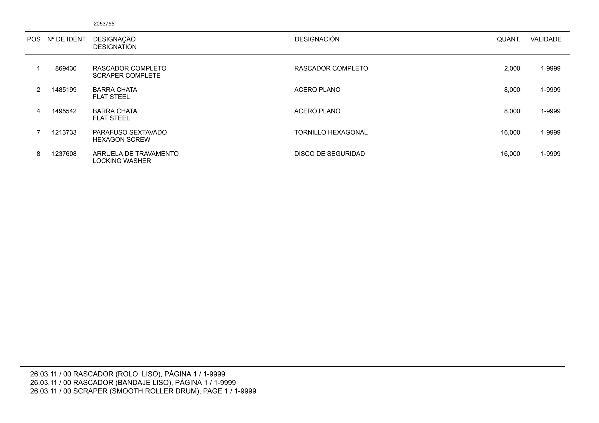 POS Nº DE IDENT. DESIGNAÇÃO
DESIGNATION
DESIGNACIÓN QUANT. VALIDADE
26.03.11 / 00 RASCADOR (ROLO LISO), PÁGINA 1 / 1-9999
26.03.11 / 00 RASCADOR (BANDAJE LISO), PÁGINA 1 / 1-9999
26.03.11 / 00 SCRAPER (SMOOTH ROLLER DRUM), PAGE 1 / 1-9999
2053755
1 869430 RASCADOR COMPLETO RASCADOR COMPLETO 2,000 1-9999
SCRAPER COMPLETE
2 1485199 BARRA CHATA ACERO PLANO 8,000 1-9999
FLAT STEEL
4 1495542 BARRA CHATA ACERO PLANO 8,000 1-9999
FLAT STEEL
7 1213733 PARAFUSO SEXTAVADO TORNILLO HEXAGONAL 16,000 1-9999
HEXAGON SCREW
8 1237608 ARRUELA DE TRAVAMENTO DISCO DE SEGURIDAD 16,000 1-9999
LOCKING WASHER
 