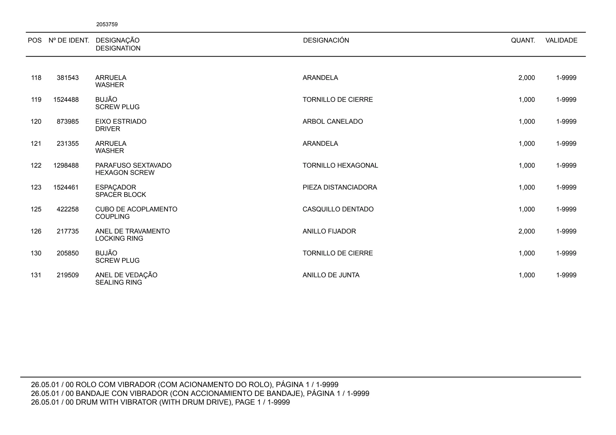 POS Nº DE IDENT. DESIGNAÇÃO
DESIGNATION
DESIGNACIÓN QUANT. VALIDADE
26.05.01 / 00 ROLO COM VIBRADOR (COM ACIONAMENTO DO ROLO), PÁGINA 1 / 1-9999
26.05.01 / 00 BANDAJE CON VIBRADOR (CON ACCIONAMIENTO DE BANDAJE), PÁGINA 1 / 1-9999
26.05.01 / 00 DRUM WITH VIBRATOR (WITH DRUM DRIVE), PAGE 1 / 1-9999
2053759
118 381543 ARRUELA ARANDELA 2,000 1-9999
WASHER
119 1524488 BUJÃO TORNILLO DE CIERRE 1,000 1-9999
SCREW PLUG
120 873985 EIXO ESTRIADO ARBOL CANELADO 1,000 1-9999
DRIVER
121 231355 ARRUELA ARANDELA 1,000 1-9999
WASHER
122 1298488 PARAFUSO SEXTAVADO TORNILLO HEXAGONAL 1,000 1-9999
HEXAGON SCREW
123 1524461 ESPAÇADOR PIEZA DISTANCIADORA 1,000 1-9999
SPACER BLOCK
125 422258 CUBO DE ACOPLAMENTO CASQUILLO DENTADO 1,000 1-9999
COUPLING
126 217735 ANEL DE TRAVAMENTO ANILLO FIJADOR 2,000 1-9999
LOCKING RING
130 205850 BUJÃO TORNILLO DE CIERRE 1,000 1-9999
SCREW PLUG
131 219509 ANEL DE VEDAÇÃO ANILLO DE JUNTA 1,000 1-9999
SEALING RING
 
