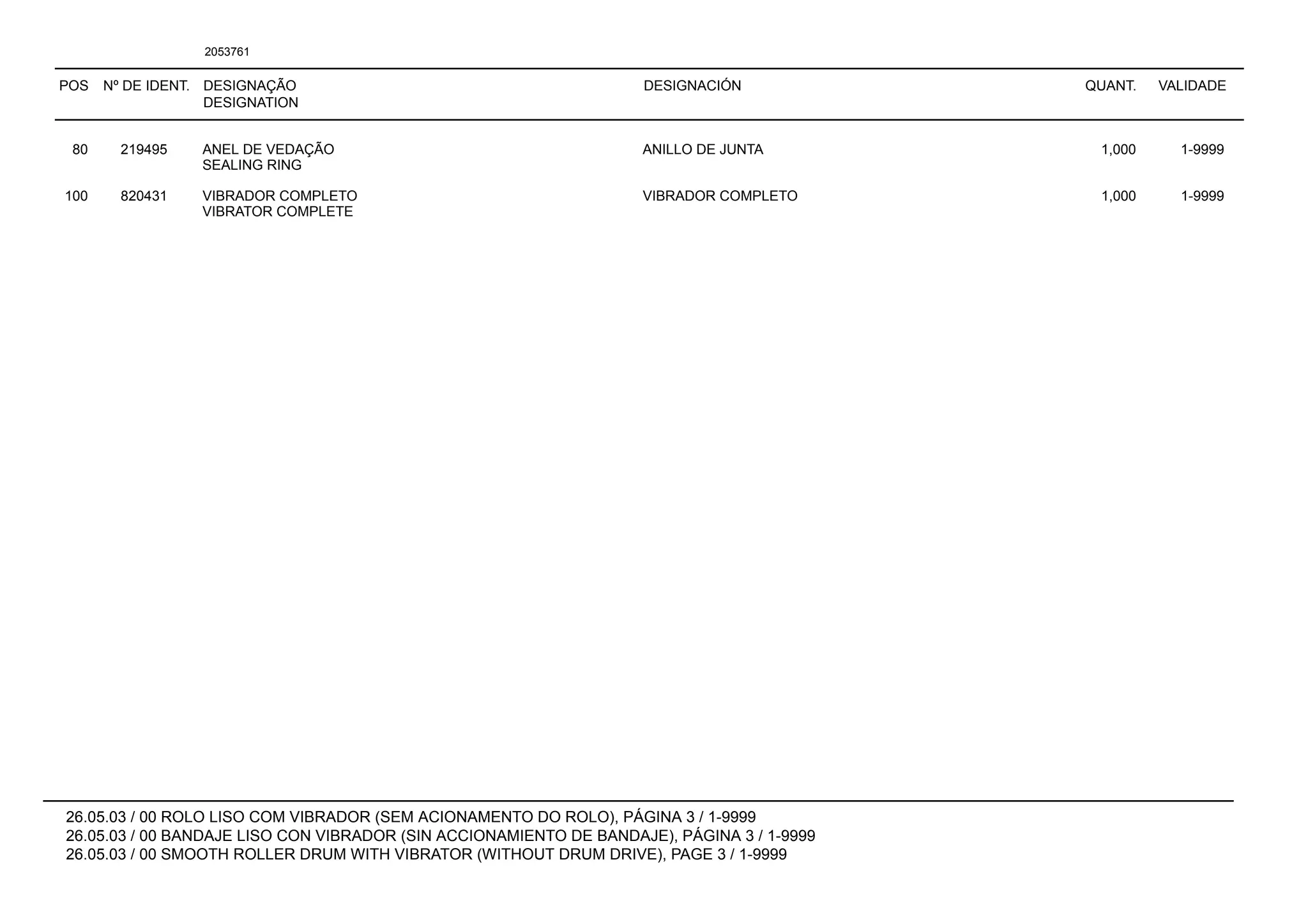POS Nº DE IDENT. DESIGNAÇÃO
DESIGNATION
DESIGNACIÓN QUANT. VALIDADE
26.05.03 / 00 ROLO LISO COM VIBRADOR (SEM ACIONAMENTO DO ROLO), PÁGINA 3 / 1-9999
26.05.03 / 00 BANDAJE LISO CON VIBRADOR (SIN ACCIONAMIENTO DE BANDAJE), PÁGINA 3 / 1-9999
26.05.03 / 00 SMOOTH ROLLER DRUM WITH VIBRATOR (WITHOUT DRUM DRIVE), PAGE 3 / 1-9999
2053761
80 219495 ANEL DE VEDAÇÃO ANILLO DE JUNTA 1,000 1-9999
SEALING RING
100 820431 VIBRADOR COMPLETO VIBRADOR COMPLETO 1,000 1-9999
VIBRATOR COMPLETE
 