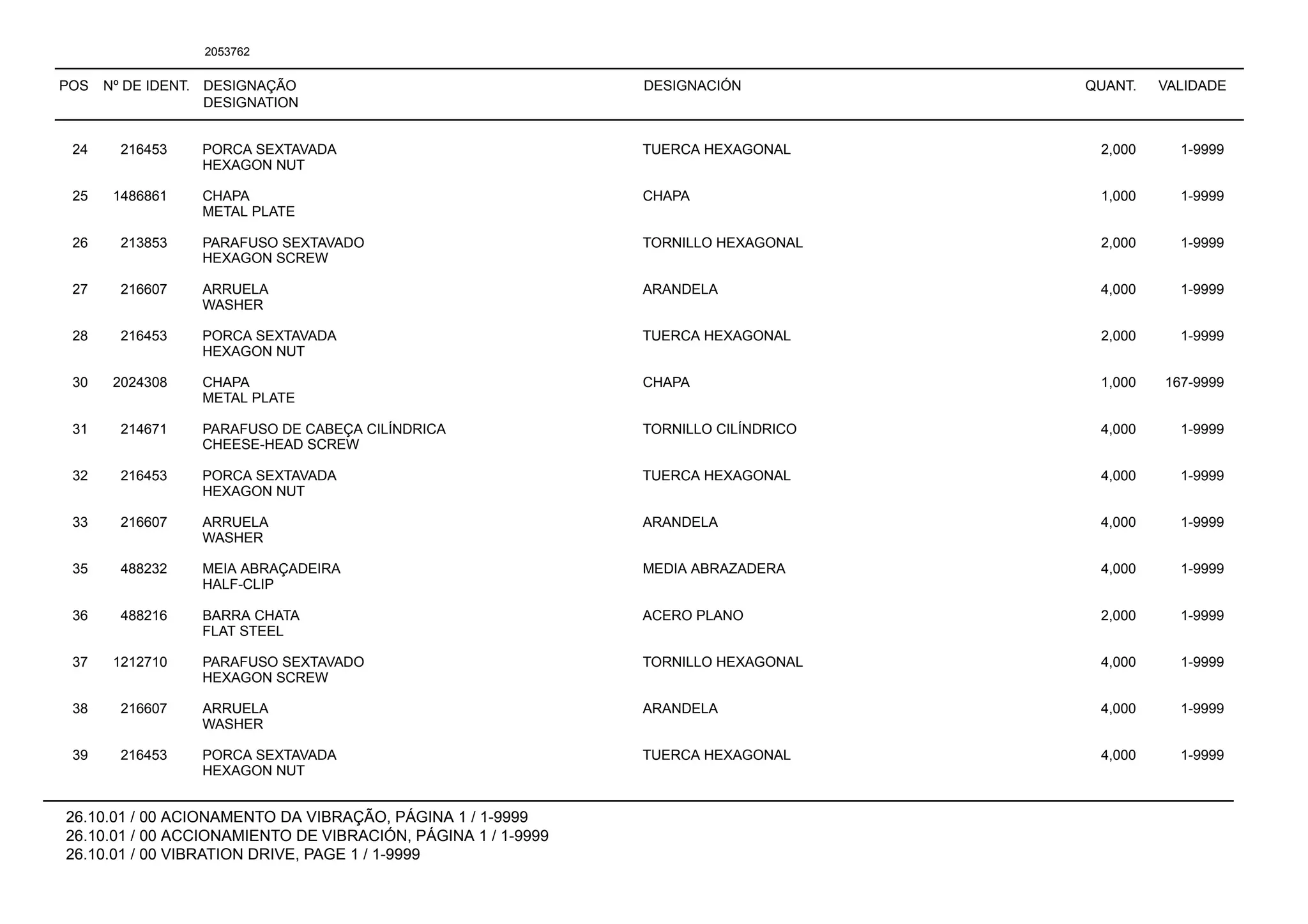 POS Nº DE IDENT. DESIGNAÇÃO
DESIGNATION
DESIGNACIÓN QUANT. VALIDADE
26.10.01 / 00 ACIONAMENTO DA VIBRAÇÃO, PÁGINA 1 / 1-9999
26.10.01 / 00 ACCIONAMIENTO DE VIBRACIÓN, PÁGINA 1 / 1-9999
26.10.01 / 00 VIBRATION DRIVE, PAGE 1 / 1-9999
2053762
24 216453 PORCA SEXTAVADA TUERCA HEXAGONAL 2,000 1-9999
HEXAGON NUT
25 1486861 CHAPA CHAPA 1,000 1-9999
METAL PLATE
26 213853 PARAFUSO SEXTAVADO TORNILLO HEXAGONAL 2,000 1-9999
HEXAGON SCREW
27 216607 ARRUELA ARANDELA 4,000 1-9999
WASHER
28 216453 PORCA SEXTAVADA TUERCA HEXAGONAL 2,000 1-9999
HEXAGON NUT
30 2024308 CHAPA CHAPA 1,000 167-9999
METAL PLATE
31 214671 PARAFUSO DE CABEÇA CILÍNDRICA TORNILLO CILÍNDRICO 4,000 1-9999
CHEESE-HEAD SCREW
32 216453 PORCA SEXTAVADA TUERCA HEXAGONAL 4,000 1-9999
HEXAGON NUT
33 216607 ARRUELA ARANDELA 4,000 1-9999
WASHER
35 488232 MEIA ABRAÇADEIRA MEDIA ABRAZADERA 4,000 1-9999
HALF-CLIP
36 488216 BARRA CHATA ACERO PLANO 2,000 1-9999
FLAT STEEL
37 1212710 PARAFUSO SEXTAVADO TORNILLO HEXAGONAL 4,000 1-9999
HEXAGON SCREW
38 216607 ARRUELA ARANDELA 4,000 1-9999
WASHER
39 216453 PORCA SEXTAVADA TUERCA HEXAGONAL 4,000 1-9999
HEXAGON NUT
 