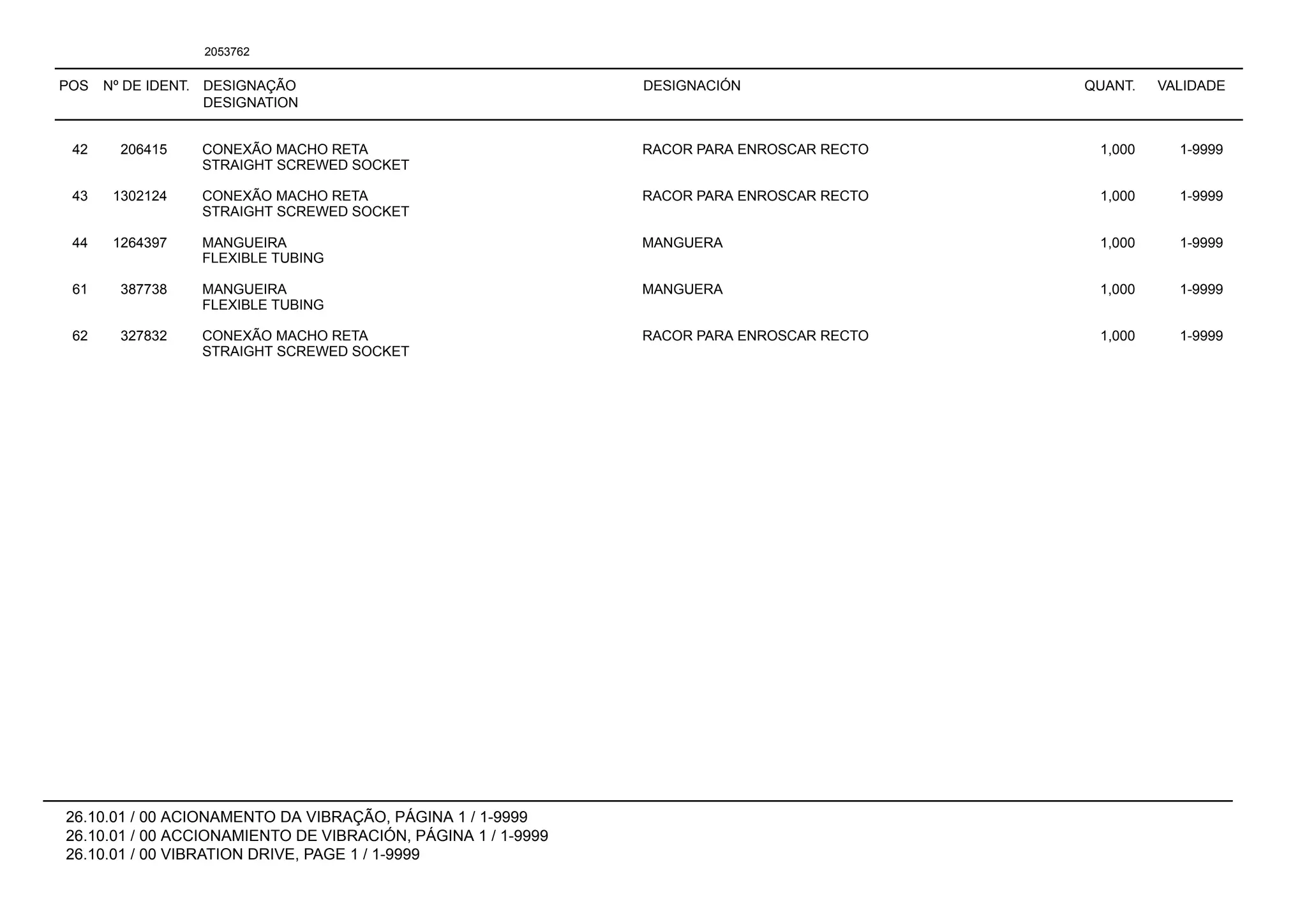 POS Nº DE IDENT. DESIGNAÇÃO
DESIGNATION
DESIGNACIÓN QUANT. VALIDADE
26.10.01 / 00 ACIONAMENTO DA VIBRAÇÃO, PÁGINA 1 / 1-9999
26.10.01 / 00 ACCIONAMIENTO DE VIBRACIÓN, PÁGINA 1 / 1-9999
26.10.01 / 00 VIBRATION DRIVE, PAGE 1 / 1-9999
2053762
42 206415 CONEXÃO MACHO RETA RACOR PARA ENROSCAR RECTO 1,000 1-9999
STRAIGHT SCREWED SOCKET
43 1302124 CONEXÃO MACHO RETA RACOR PARA ENROSCAR RECTO 1,000 1-9999
STRAIGHT SCREWED SOCKET
44 1264397 MANGUEIRA MANGUERA 1,000 1-9999
FLEXIBLE TUBING
61 387738 MANGUEIRA MANGUERA 1,000 1-9999
FLEXIBLE TUBING
62 327832 CONEXÃO MACHO RETA RACOR PARA ENROSCAR RECTO 1,000 1-9999
STRAIGHT SCREWED SOCKET
 