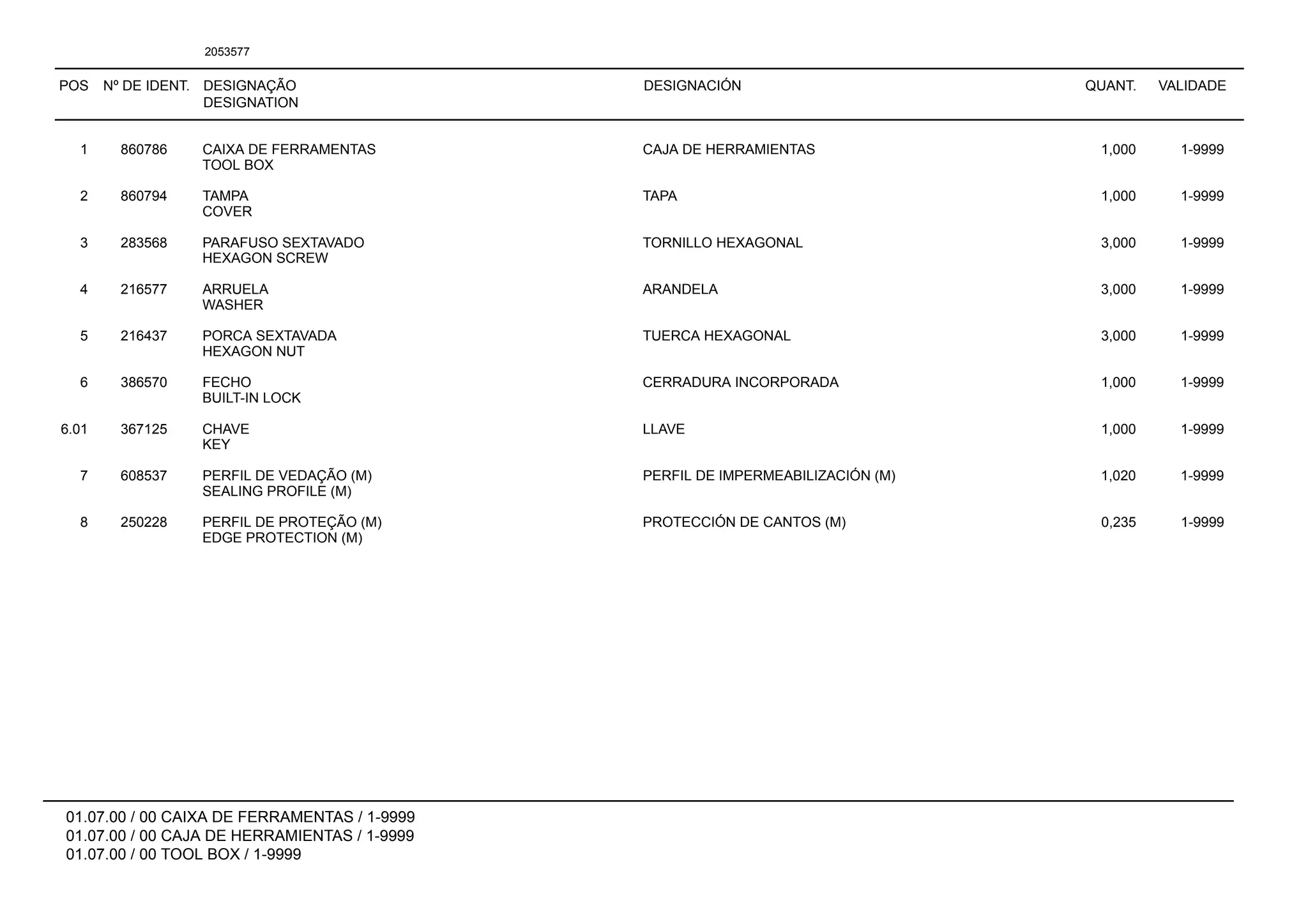 POS Nº DE IDENT. DESIGNAÇÃO
DESIGNATION
DESIGNACIÓN QUANT. VALIDADE
01.07.00 / 00 CAIXA DE FERRAMENTAS / 1-9999
01.07.00 / 00 CAJA DE HERRAMIENTAS / 1-9999
01.07.00 / 00 TOOL BOX / 1-9999
2053577
1 860786 CAIXA DE FERRAMENTAS CAJA DE HERRAMIENTAS 1,000 1-9999
TOOL BOX
2 860794 TAMPA TAPA 1,000 1-9999
COVER
3 283568 PARAFUSO SEXTAVADO TORNILLO HEXAGONAL 3,000 1-9999
HEXAGON SCREW
4 216577 ARRUELA ARANDELA 3,000 1-9999
WASHER
5 216437 PORCA SEXTAVADA TUERCA HEXAGONAL 3,000 1-9999
HEXAGON NUT
6 386570 FECHO CERRADURA INCORPORADA 1,000 1-9999
BUILT-IN LOCK
6.01 367125 CHAVE LLAVE 1,000 1-9999
KEY
7 608537 PERFIL DE VEDAÇÃO (M) PERFIL DE IMPERMEABILIZACIÓN (M) 1,020 1-9999
SEALING PROFILE (M)
8 250228 PERFIL DE PROTEÇÃO (M) PROTECCIÓN DE CANTOS (M) 0,235 1-9999
EDGE PROTECTION (M)
 