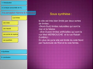 Sous synthèse :
le site est très bien limité par deux sortes
de limites:
-(Nord-Sud) limites naturelles qui sont la
mer et la falaise
-(Est-Ouest) limites artificielles qui sont la
rue Med MERBOUCHE et la rue Rabah
DJABALI .
En plus de ça le site est limité du coté Nord
par l'autoroute de l'Est et la voie ferrée.
3-la perception Hamma & Annassers
4-Synthèse
2-L’analyse sensorielle de K.L
1- Introduction
Les limites
Les voies
Les nœuds
Les pointe de repères
Les quartiers
5- conclusion
 