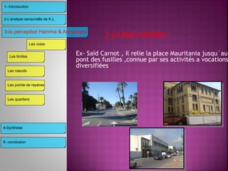 2 2-LA RUE HASSIBA :
Ex- Saïd Carnot , il relie la place Mauritania jusqu´au
pont des fusilles ,connue par ses activités a vocations
diversifiées
3-la perception Hamma & Annassers
4-Synthèse
2-L’analyse sensorielle de K.L
1- Introduction
Les limites
Les voies
Les nœuds
Les pointe de repères
Les quartiers
5- conclusion
 
