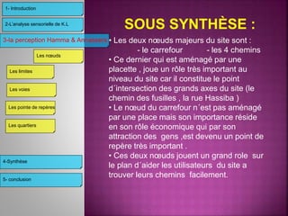 • Les deux nœuds majeurs du site sont :
- le carrefour - les 4 chemins
• Ce dernier qui est aménagé par une
placette , joue un rôle très important au
niveau du site car il constitue le point
d´intersection des grands axes du site (le
chemin des fusilles , la rue Hassiba )
• Le nœud du carrefour n´est pas aménagé
par une place mais son importance réside
en son rôle économique qui par son
attraction des gens ,est devenu un point de
repère très important .
• Ces deux nœuds jouent un grand role sur
le plan d´aider les utilisateurs du site a
trouver leurs chemins facilement.
SOUS SYNTHÈSE :
3-la perception Hamma & Annassers
4-Synthèse
2-L’analyse sensorielle de K.L
1- Introduction
Les limites
Les voies
Les nœuds
Les pointe de repères
Les quartiers
5- conclusion
 