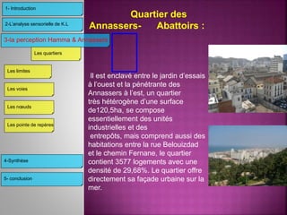 Quartier des
Annassers- Abattoirs :
Il est enclavé entre le jardin d’essais
à l’ouest et la pénétrante des
Annassers à l’est, un quartier
très hétérogène d’une surface
de120,5ha, se compose
essentiellement des unités
industrielles et des
entrepôts, mais comprend aussi des
habitations entre la rue Belouizdad
et le chemin Fernane, le quartier
contient 3577 logements avec une
densité de 29,68%. Le quartier offre
directement sa façade urbaine sur la
mer.
3-la perception Hamma & Annassers
4-Synthèse
2-L’analyse sensorielle de K.L
1- Introduction
Les limites
Les voies
Les nœuds
Les pointe de repères
Les quartiers
5- conclusion
 