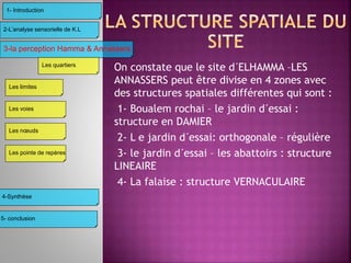 On constate que le site d´ELHAMMA –LES
ANNASSERS peut être divise en 4 zones avec
des structures spatiales différentes qui sont :
1- Boualem rochai – le jardin d´essai :
structure en DAMIER
2- L e jardin d´essai: orthogonale – régulière
3- le jardin d´essai – les abattoirs : structure
LINEAIRE
4- La falaise : structure VERNACULAIRE
3-la perception Hamma & Annassers
4-Synthèse
2-L’analyse sensorielle de K.L
1- Introduction
Les limites
Les voies
Les nœuds
Les pointe de repères
Les quartiers
5- conclusion
 
