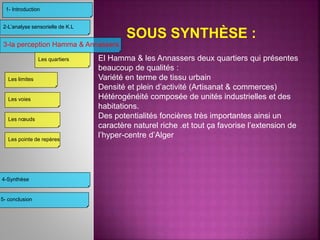 SOUS SYNTHÈSE :
El Hamma & les Annassers deux quartiers qui présentes
beaucoup de qualités :
Variété en terme de tissu urbain
Densité et plein d’activité (Artisanat & commerces)
Hétérogénéité composée de unités industrielles et des
habitations.
Des potentialités foncières très importantes ainsi un
caractère naturel riche .et tout ça favorise l’extension de
l’hyper-centre d’Alger
3-la perception Hamma & Annassers
4-Synthèse
2-L’analyse sensorielle de K.L
1- Introduction
Les limites
Les voies
Les nœuds
Les pointe de repères
Les quartiers
5- conclusion
 