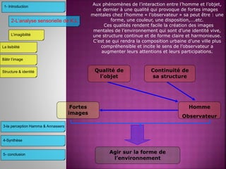 3-la perception Hamma & Annassers
4-Synthèse
5- conclusion
2-L’analyse sensorielle de K.L
1- Introduction
L’imagibilité
Structure & identité
Bâtir l’image
La lisibilité
Aux phénomènes de l’interaction entre l’homme et l’objet,
ce dernier à une qualité qui provoque de fortes images
mentales chez l’homme « l’observateur » sa peut être : une
forme, une couleur, une disposition,….etc.
Ces qualités rendent facile la création des images
mentales de l’environnement qui sont d’une identité vive,
une structure continue et de forme claire et harmonieuse.
C’est se qui rendra la composition urbaine d’une ville plus
compréhensible et incite le sens de l’observateur a
augmenter leurs attentions et leurs participations.
Continuité de
sa structure
Qualité de
l’objet
Agir sur la forme de
l’environnement
Homme
Observateur
Fortes
images
 