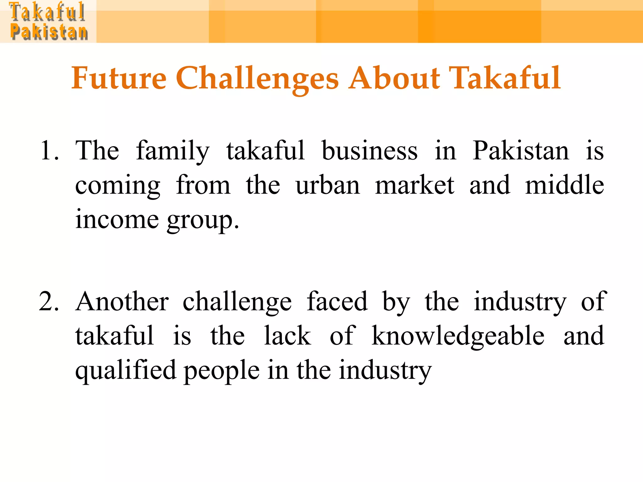 Future Challenges About Takaful

1. The family takaful business in Pakistan is
   coming from the urban market and middle
   income group.

2. Another challenge faced by the industry of
   takaful is the lack of knowledgeable and
   qualified people in the industry
 