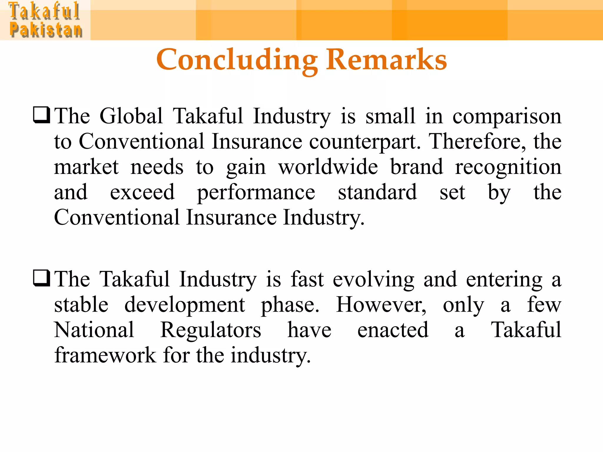 Concluding Remarks
The Global Takaful Industry is small in comparison
 to Conventional Insurance counterpart. Therefore, the
 market needs to gain worldwide brand recognition
 and exceed performance standard set by the
 Conventional Insurance Industry.

The Takaful Industry is fast evolving and entering a
 stable development phase. However, only a few
 National Regulators have enacted a Takaful
 framework for the industry.
 