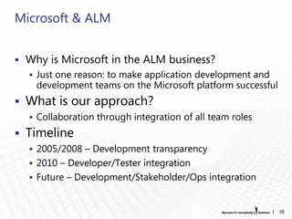 Microsoft & ALM


 Why is Microsoft in the ALM business?
   Just one reason: to make application development and
    development teams on the Microsoft platform successful
 What is our approach?
   Collaboration through integration of all team roles

 Timeline
   2005/2008 – Development transparency
   2010 – Developer/Tester integration
   Future – Development/Stakeholder/Ops integration



                                                           |   38
 
