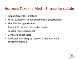 Horizons	
  Take	
  the	
  Med	
  	
  :	
  Entreprise	
  sociale	
  
• 
• 
• 
• 
• 
• 
• 

DiagnosLquer	
  les	
  iniLaLves	
  	
  
Miroir	
  (Observer)	
  l’environnement	
  Méditerranéen	
  
IdenLﬁer	
  les	
  opportunités	
  
Soutenir	
  la	
  mise	
  en	
  œuvre	
  des	
  projets	
  
Booster	
  l’entrepreneuriat	
  	
  
Générer	
  des	
  richesses	
  	
  
ParLciper	
  à	
  un	
  progrès	
  social	
  et	
  à	
  une	
  durabilité	
  
environnementale	
  	
  

 
