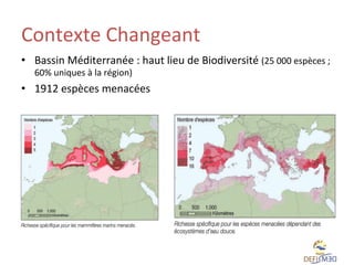 Contexte	
  Changeant	
  	
  
•  Bassin	
  Méditerranée	
  :	
  haut	
  lieu	
  de	
  Biodiversité	
  (25	
  000	
  espèces	
  ;	
  
60%	
  uniques	
  à	
  la	
  région)	
  
•  1912	
  espèces	
  menacées	
  	
  

 