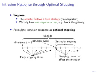 14/52
Intrusion Response through Optimal Stopping
I Suppose
I The attacker follows a fixed strategy (no adaptation)
I We only have one response action, e.g., block the gateway
I Formulate intrusion response as optimal stopping
Intrusion event
time-step t = 1 Intrusion ongoing
t
t = T
Early stopping times Stopping times that
affect the intrusion
Episode
 