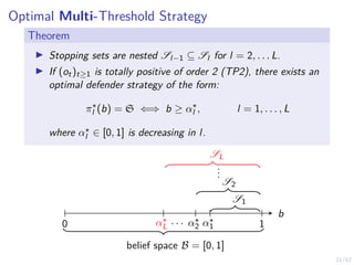 21/52
Optimal Multi-Threshold Strategy
Theorem
I Stopping sets are nested Sl−1 ⊆ Sl for l = 2, . . . L.
I If (ot)t≥1 is totally positive of order 2 (TP2), there exists an
optimal defender strategy of the form:
π?
l (b) = S ⇐⇒ b ≥ α?
l , l = 1, . . . , L
where α?
l ∈ [0, 1] is decreasing in l.
b
0 1
belief space B = [0, 1]
S1
S2
.
.
.
SL
α?
1
α?
2
α?
L
. . .
 