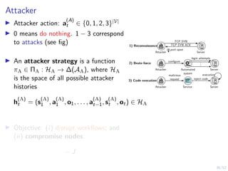 36/52
Attacker
I Attacker action: a
(A)
t ∈ {0, 1, 2, 3}|V|
I 0 means do nothing. 1 − 3 correspond
to attacks (see fig)
I An attacker strategy is a function
πA ∈ ΠA : HA → ∆(AA), where HA
is the space of all possible attacker
histories
h
(A)
t = (s
(A)
1 , a
(A)
1 , o1, . . . , a
(A)
t−1, s
(A)
t , ot) ∈ HA
I Objective: (i) disrupt workflows; and
(ii) compromise nodes:
− J
.
.
.
Attacker
login attempts
configure
Automated
system
Server
2) Brute-force
1) Reconnaissance
3) Code execution
Attacker Server
TCP SYN
TCP SYN ACK
port open
Attacker Service Server
malicious
request inject code
execution
 
