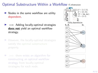 45/52
Optimal Substructure Within a Workflow
I Nodes in the same workflow are utility
dependent.
I =⇒ Adding locally-optimal strategies
does not yield an optimal workflow
strategy.
I However, the locally-optimal strategies
satisfy the optimal substructure
property.
I =⇒ there exists an algorithm for
constructing an optimal workflow
strategy from locally-optimal
strategies for each node.
Zone 1 Zone 2
1
2
3
gw
w1
w2
V = {1, 2, 3},
E = {(1, 2)},
W = {w1, w2},
Z = {1, 2}
IT infrastructure
Utility dependencies
St, At Ut
S
(D)
t,1
A
(D)
t,1
Ut,1
S
(A)
t,1
S
(D)
t,2
A
(D)
t,2
Ut,2
S
(A)
t,2
S
(D)
t,3
A
(D)
t,3
Ut,3
S
(A)
t,3
 