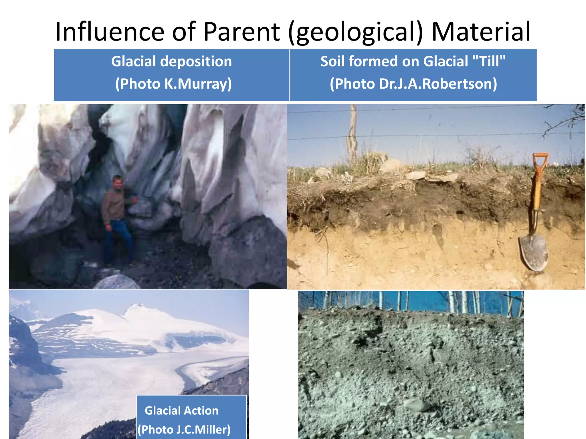 Influence of Parent (geological) Material
Glacial deposition
(Photo K.Murray)

Glacial Action
(Photo J.C.Miller)

Soil formed on Glacial "Till"
(Photo Dr.J.A.Robertson)

 
