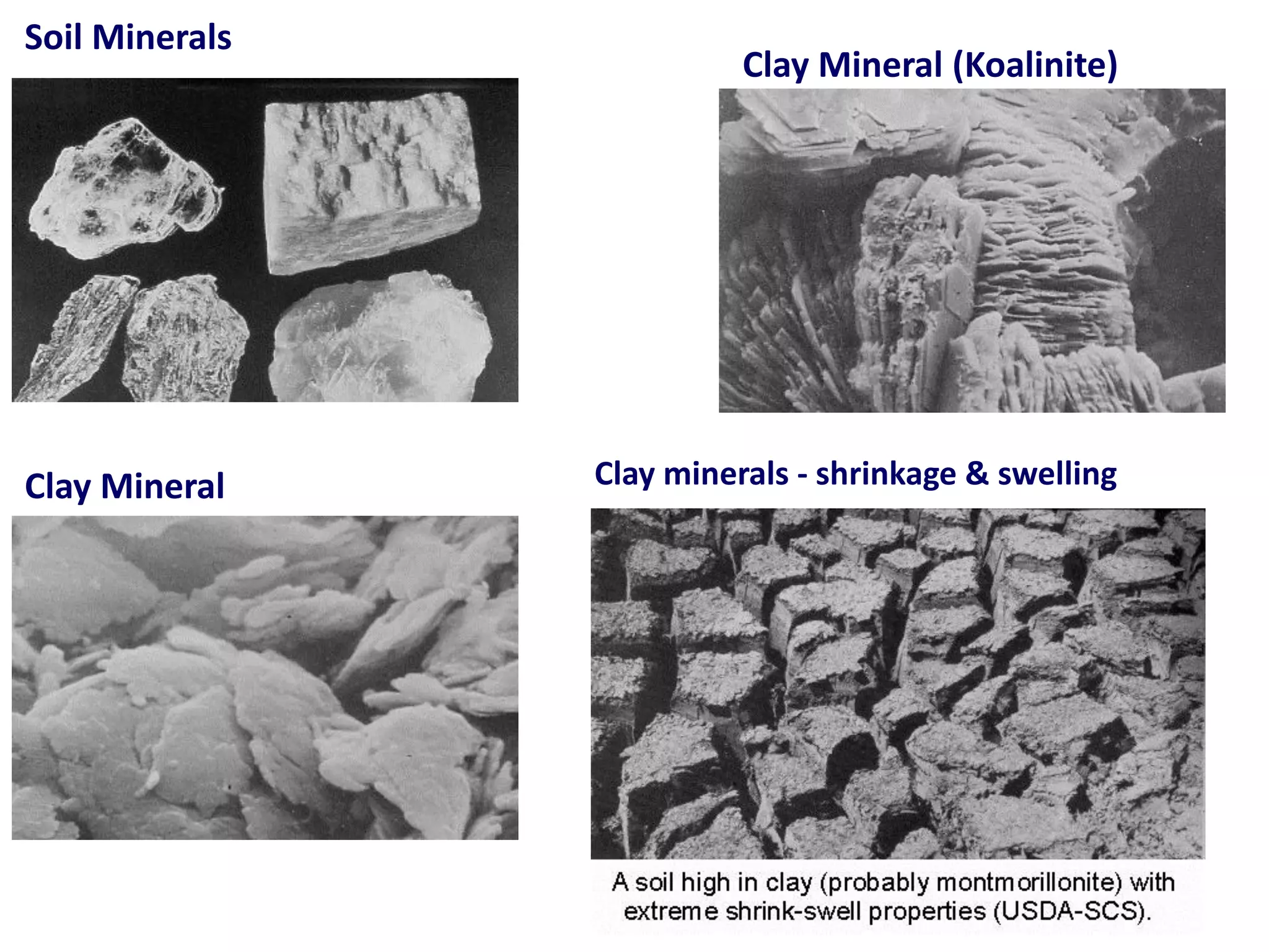 Soil Minerals

Clay Mineral

Clay Mineral (Koalinite)

Clay minerals - shrinkage & swelling

 