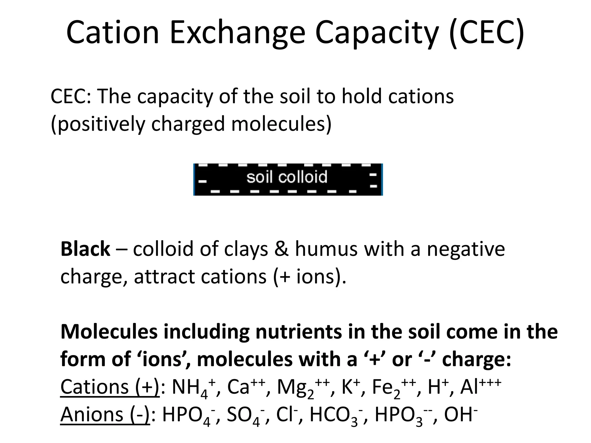 Cation Exchange Capacity (CEC)
CEC: The capacity of the soil to hold cations
(positively charged molecules)

Black – colloid of clays & humus with a negative
charge, attract cations (+ ions).
Molecules including nutrients in the soil come in the
form of ‘ions’, molecules with a ‘+’ or ‘-’ charge:
Cations (+): NH4+, Ca++, Mg2++, K+, Fe2++, H+, Al+++
Anions (-): HPO4-, SO4-, Cl-, HCO3-, HPO3--, OH-

 