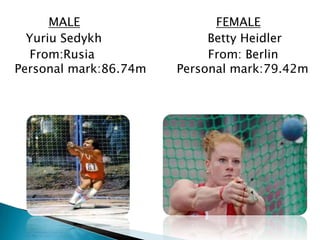 MALE
Yuriu Sedykh
From:Rusia
Personal mark:86.74m

FEMALE
Betty Heidler
From: Berlin
Personal mark:79.42m

 
