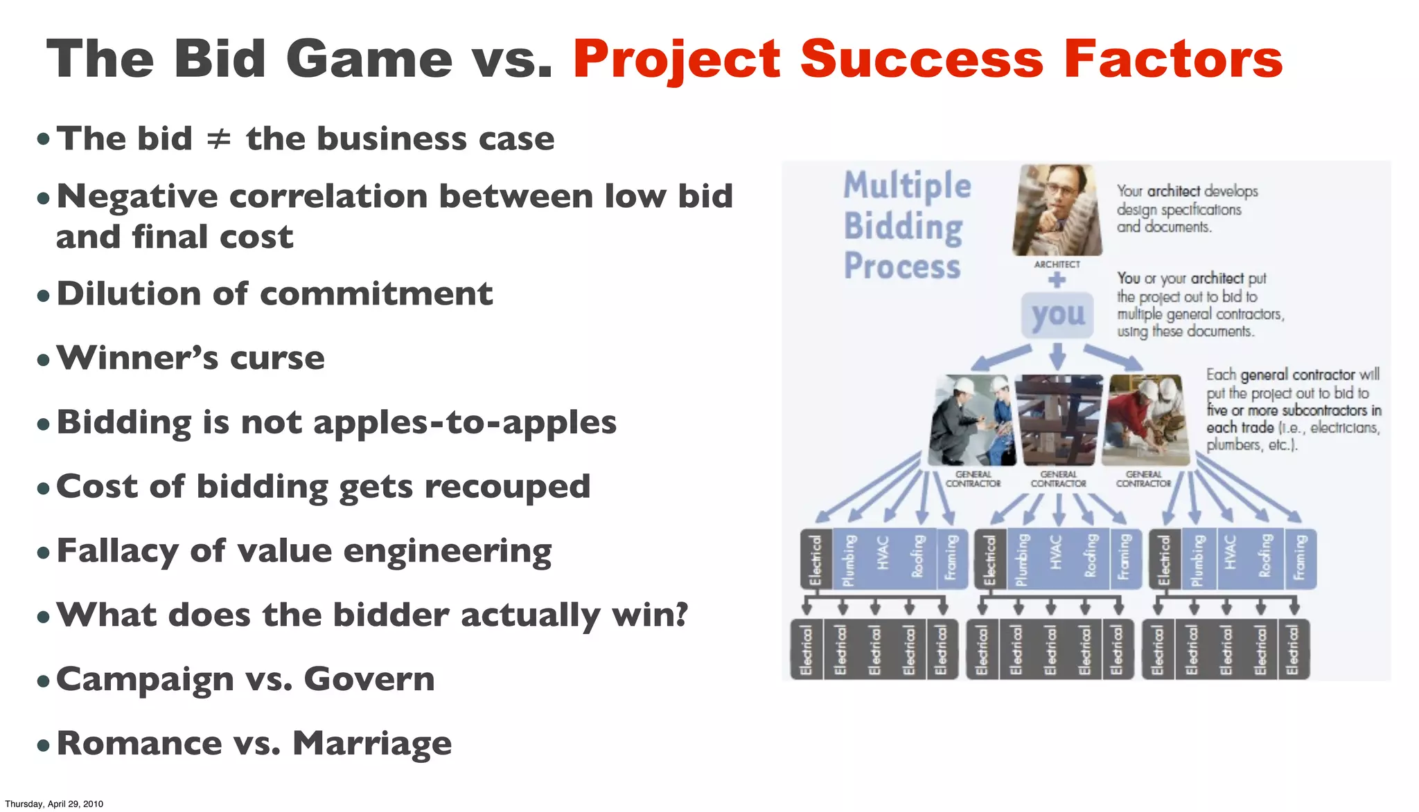 The Bid Game vs. Project Success Factors
      • The bid ≠ the business case
      • Negative correlation between low bid
        and ﬁnal cost
      • Dilution of commitment
      • Winner’s curse
      • Bidding is not apples-to-apples
      • Cost of bidding gets recouped
      • Fallacy of value engineering
      • What does the bidder actually win?
      • Campaign vs. Govern
      • Romance vs. Marriage
Thursday, April 29, 2010
 