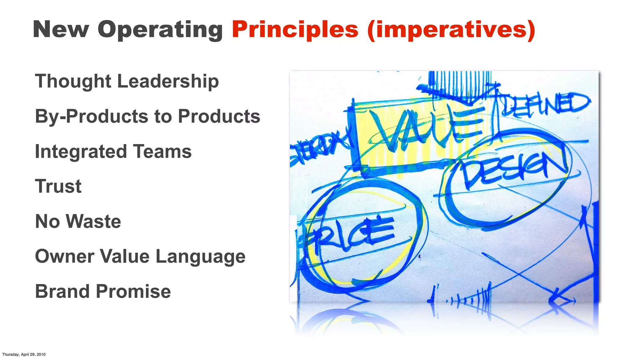 New Operating Principles (imperatives)

                 Thought Leadership
                 By-Products to Products
                 Integrated Teams
                 Trust
                 No Waste
                 Owner Value Language
                 Brand Promise


Thursday, April 29, 2010
 