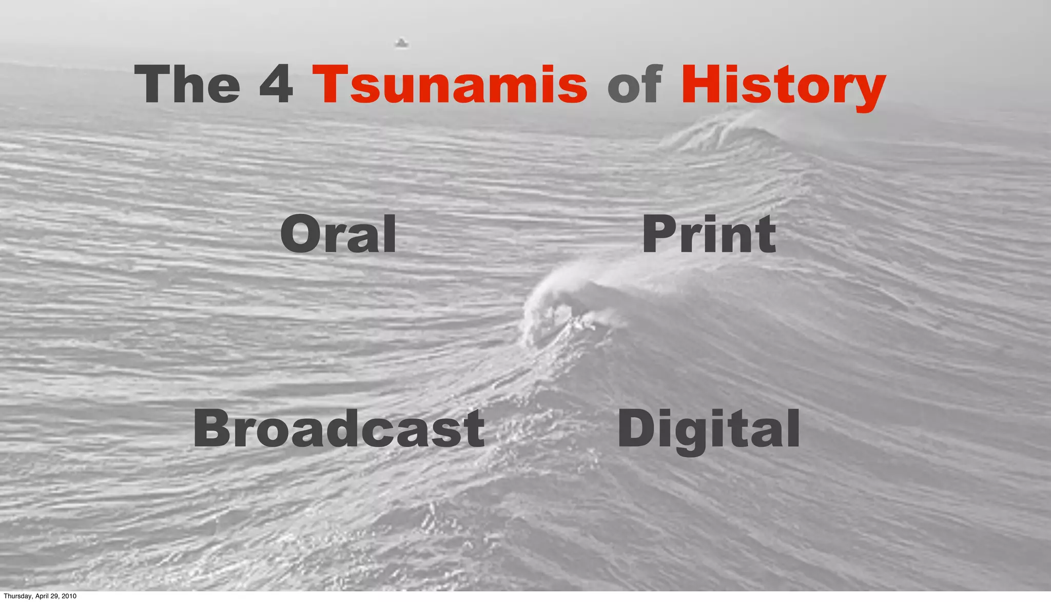 The 4 Tsunamis of History

                               Oral        Print


                            Broadcast      Digital

Thursday, April 29, 2010
 