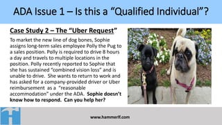 ADA Issue 1 – Is this a “Qualified Individual”?
www.hammerlf.com
Case Study 2 – The “Uber Request”
To market the new line of dog bones, Sophie
assigns long-term sales employee Polly the Pug to
a sales position. Polly is required to drive 8 hours
a day and travels to multiple locations in the
position. Polly recently reported to Sophie that
she has sustained “combined vision loss” and is
unable to drive. She wants to return to work and
has asked for a company-provided driver or Uber
reimbursement as a “reasonable
accommodation” under the ADA. Sophie doesn’t
know how to respond. Can you help her?
 