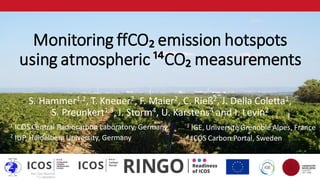 Monitoring ffCO₂ emission hotspots
using atmospheric ¹⁴CO₂ measurements
1 ICOS Central Radiocarbon Laboratory, Germany
2 IUP, Heidelberg University, Germany
S. Hammer1,2, T. Kneuer2, F. Maier2, C. Rieß2, J. Della Coletta1,
S. Preunkert1,3, I. Storm4, U. Karstens4 and I. Levin2
3 IGE, Université Grenoble Alpes, France
4 ICOS Carbon Portal, Sweden
 