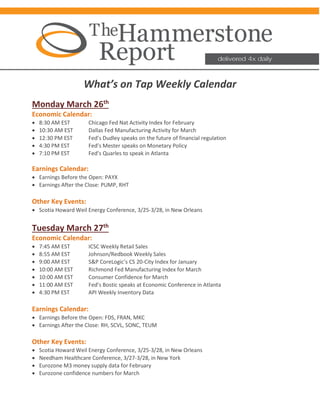 What’s on Tap Weekly Calendar
Monday March 26th
Economic Calendar:
• 8:30 AM EST Chicago Fed Nat Activity Index for February
• 10:30 AM EST Dallas Fed Manufacturing Activity for March
• 12:30 PM EST Fed’s Dudley speaks on the future of financial regulation
• 4:30 PM EST Fed’s Mester speaks on Monetary Policy
• 7:10 PM EST Fed’s Quarles to speak in Atlanta
Earnings Calendar:
• Earnings Before the Open: PAYX
• Earnings After the Close: PUMP, RHT
Other Key Events:
• Scotia Howard Weil Energy Conference, 3/25-3/28, in New Orleans
Tuesday March 27th
Economic Calendar:
• 7:45 AM EST ICSC Weekly Retail Sales
• 8:55 AM EST Johnson/Redbook Weekly Sales
• 9:00 AM EST S&P CoreLogic’s CS 20-City Index for January
• 10:00 AM EST Richmond Fed Manufacturing Index for March
• 10:00 AM EST Consumer Confidence for March
• 11:00 AM EST Fed’s Bostic speaks at Economic Conference in Atlanta
• 4:30 PM EST API Weekly Inventory Data
Earnings Calendar:
• Earnings Before the Open: FDS, FRAN, MKC
• Earnings After the Close: RH, SCVL, SONC, TEUM
Other Key Events:
• Scotia Howard Weil Energy Conference, 3/25-3/28, in New Orleans
• Needham Healthcare Conference, 3/27-3/28, in New York
• Eurozone M3 money supply data for February
• Eurozone confidence numbers for March
 