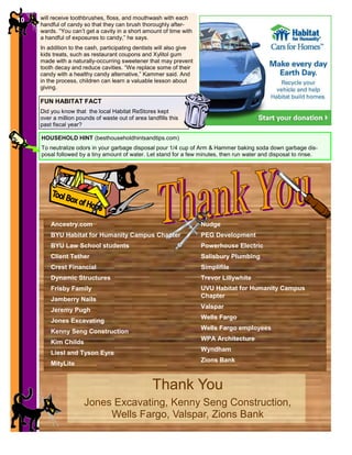 Thank You
Jones Excavating, Kenny Seng Construction,
Wells Fargo, Valspar, Zions Bank
Ancestry.com
BYU Habitat for Humanity Campus Chapter
BYU Law School students
Client Tether
Crest Financial
Dynamic Structures
Frisby Family
Jamberry Nails
Jeremy Pugh
Jones Excavating
Kenny Seng Construction
Kim Childs
Liesl and Tyson Eyre
MityLite
Nudge
PEG Development
Powerhouse Electric
Salisbury Plumbing
Simplifile
Trevor Lillywhite
UVU Habitat for Humanity Campus
Chapter
Valspar
Wells Fargo
Wells Fargo employees
WPA Architecture
Wyndham
Zions Bank
HOUSEHOLD HINT (besthouseholdhintsandtips.com)
To neutralize odors in your garbage disposal pour 1/4 cup of Arm & Hammer baking soda down garbage dis-
posal followed by a tiny amount of water. Let stand for a few minutes, then run water and disposal to rinse.
FUN HABITAT FACT
Did you know that the local Habitat ReStores kept
over a million pounds of waste out of area landfills this
past fiscal year?
10 will receive toothbrushes, floss, and mouthwash with each
handful of candy so that they can brush thoroughly after-
wards. “You can’t get a cavity in a short amount of time with
a handful of exposures to candy,” he says.
In addition to the cash, participating dentists will also give
kids treats, such as restaurant coupons and Xylitol gum
made with a naturally-occurring sweetener that may prevent
tooth decay and reduce cavities. “We replace some of their
candy with a healthy candy alternative,” Kammer said. And
in the process, children can learn a valuable lesson about
giving.
 