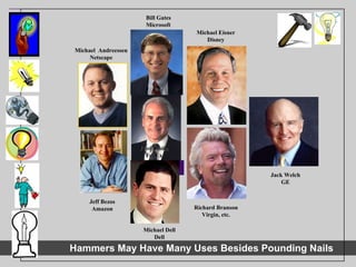 Jeff Bezos Amazon Jack Welch GE Richard Branson Virgin, etc. Fred Smith FedEx Michael  Andreessen Netscape Bill Gates Microsoft Michael Eisner Disney Michael Dell Dell 