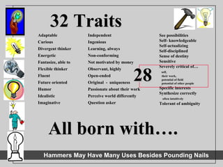 32 Traits See possibilities Self- knowledgeable Self-actualizing Self-disciplined Sense of destiny Sensitive Severely critical of… self,  their work,  potential of field  potential of other people Specific interests Synthesize correctly  often intuitively Tolerant of ambiguity Adaptable Curious Divergent thinker Energetic Fantasize, able to Flexible thinker Fluent Future oriented Humor Idealistic Imaginative Independent Ingenious Learning, always Non-conforming Not motivated by money Observant, highly Open-ended Original  -  uniqueness Passionate about their work Perceive world differently Question asker 28 All born with…. 