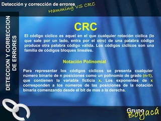 CRC DETECCION Y CORRECCION DE ERRORES Notación Polinomial El código cíclico es aquel en el que cualquier rotación cíclica (lo que sale por un lado, entra por el otro) de una palabra código produce otra palabra código válida. Los códigos cíclicos son una familia de códigos bloques lineales.  Para representar los códigos cíclicos se presenta cualquier número binario de n posiciones como un polinomio de grado  (n-1) , que contienen la variable ficticia  x . Los exponentes de  x  corresponden a los números de las posiciones de la notación binaria comenzando desde el bit de mas a la derecha . 