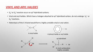 VINYL AND ARYL HALIDES
• SN
1 or SN
2 reaction occur on sp3 hybridized carbons.
• Vinyl and aryl halides. Which have a halogen attached to sp2 hybridized carbon, do not undergo SN
1 or
SN
2 reactions.
• Heterolysis of the C-X bond would form a highly unstable vinyl or aryl cation.
C C
X
X
C
C
H
H
H
Br
C
H
C
H
H Br-
+
A vinyl halide
A phenyl halide or aryl halide
sp hybridized
A vinyl carbocation
highly unstable
 