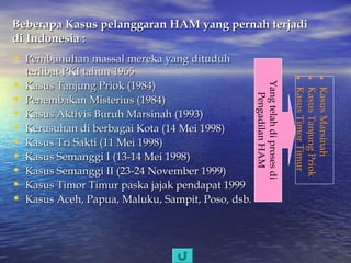 Beberapa Kasus pelanggaran HAM yang pernah terjadi
di Indonesia :

• Pembunuhan massal mereka yang dituduh

• Kasus Marsinah
• Kasus Tanjung Priok
• Kasus Timor Timur

Yang telah di proses di
Pengadilan HAM

•
•
•
•
•
•
•
•
•

terlibat PKI tahun 1965
Kasus Tanjung Priok (1984)
Penembakan Misterius (1984)
Kasus Aktivis Buruh Marsinah (1993)
Kerusuhan di berbagai Kota (14 Mei 1998)
Kasus Tri Sakti (11 Mei 1998)
Kasus Semanggi I (13-14 Mei 1998)
Kasus Semanggi II (23-24 November 1999)
Kasus Timor Timur paska jajak pendapat 1999
Kasus Aceh, Papua, Maluku, Sampit, Poso, dsb.

 