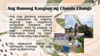Ang Hamong Kaugnay ng Climate Change
• Ang mga ganitong pangyayari
ay nagdudulot ng dugtong-
dugtong mga negatibong
pangyayari (negative chain
reactions), tulad ng pagtaas ng
mga presyong bilihing
pagrikultura tulad ng bigas,
mais, at iba pang mga pagkain.
• Na nagdudulot naman ng
kahirapan, mabagal na pag-
usad ng ekonomiya.
 
