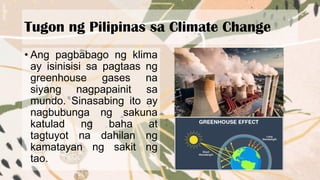 Tugon ng Pilipinas sa Climate Change
• Ang pagbabago ng klima
ay isinisisi sa pagtaas ng
greenhouse gases na
siyang nagpapainit sa
mundo. Sinasabing ito ay
nagbubunga ng sakuna
katulad ng baha at
tagtuyot na dahilan ng
kamatayan ng sakit ng
tao.
 