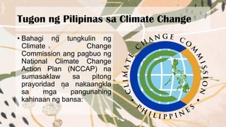 Tugon ng Pilipinas sa Climate Change
• Bahagi ng tungkulin ng
Climate Change
Commission ang pagbuo ng
National Climate Change
Action Plan (NCCAP) na
sumasaklaw sa pitong
prayoridad na nakaangkla
sa mga pangunahing
kahinaan ng bansa:
 