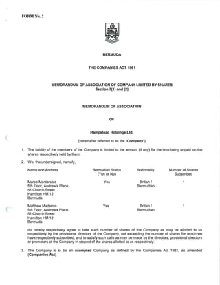 Hampstead Holdings Formation Documents (Bermuda)
