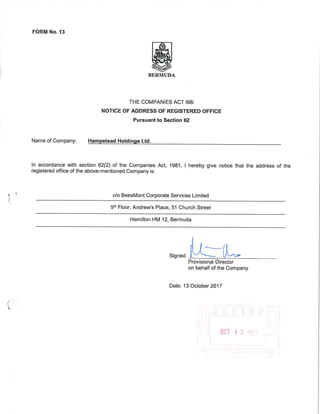 Hampstead Holdings Formation Documents (Bermuda)