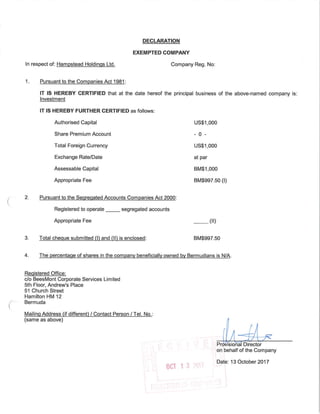 Hampstead Holdings Formation Documents (Bermuda)