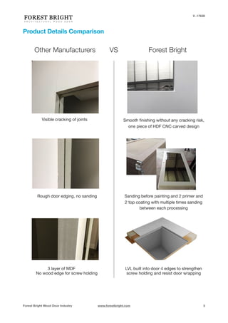 V .17630
Product Details Comparison
Other Manufacturers 	 VS		 Forest Bright	
	
	
	
	 





Forest Bright Wood Door Industry www.forestbright.com 3
LVL built into door 4 edges to strengthen
screw holding and resist door wrapping
Smooth ﬁnishing without any cracking risk,
one piece of HDF CNC carved design
Sanding before painting and 2 primer and
2 top coating with multiple times sanding
between each processing
Rough door edging, no sanding
Visible cracking of joints
3 layer of MDF	 	 

No wood edge for screw holding
 