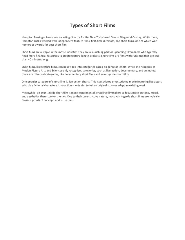 Types of Short Films PDF