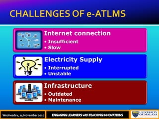 CHALLENGES OF e-ATLMSThursday, 18 November, 2010ENGAGING LEARNERS with TEACHING INNOVATIONSWednesday, 24 November 2010