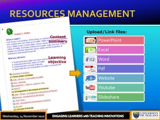 RESOURCES MANAGEMENTThursday, 18 November, 2010ENGAGING LEARNERS with TEACHING INNOVATIONSUpload/Link files:Content summary Learning objective Wednesday, 24 November 2010